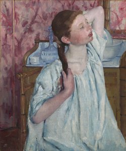 Pige, der arrangerer sit hår af Mary Cassatt